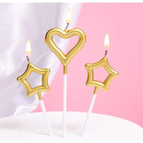 3pcs/set Heart Star Romantic Cake Decoration Tool Mental Color Flame Cake Topper Birthday Candle