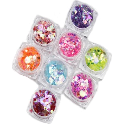 8Pots Chunky Glitter Star Heart Sequins Iridescent Flakes Glitter |Holographic Rainbow Confetti | Aurora Borealis Flakes (Set 8)