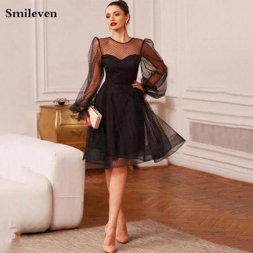Smileven Black Short A Line Evening Dress Puff Sleeve vestido de festa Islamic Dubai Kaftan Saudi Arabic Evening Gown Prom Dress