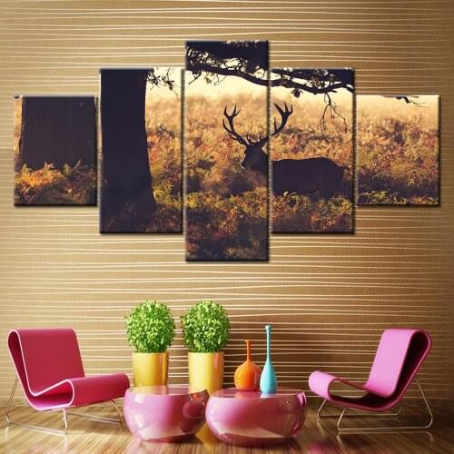 HD Prints Canvas Wall Art Living Room Home Decor Pictures 5 Pieces deer under tree in fall Paintings Animal Posters Framework