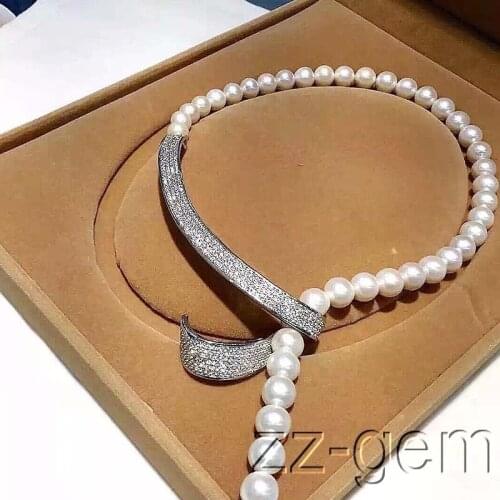 Hot sale new Style >> 10mm sea shell pearls necklace-cz micro pave connector