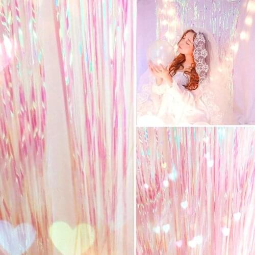 Rainbow Gradient Color Foil Fringe Shiny Rain Curtains Birthday Party Decoration Photography Background Supplies Iridescent Neon