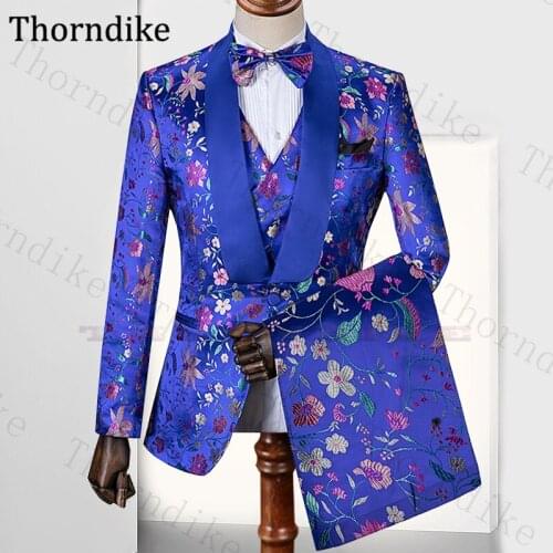 Thorndike Custom Made Shawl Lapel Groom Suits Men Floral Print Mens Suit Slim Fit Stage Performance Wedding Dress Tuxedos 2020