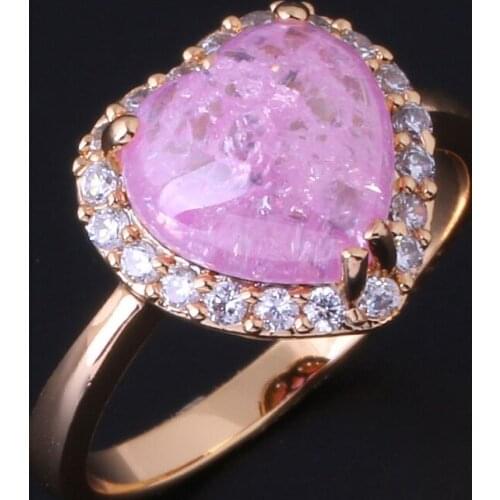Love Monologue Classic Heart Ring CZ Crystals Pink Colored Glaze Wedding Jewelry Yellow Gold Color Engagement Rings X0028