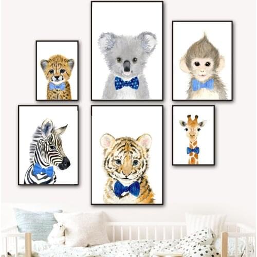 Cute Animals Baby Tie Fox Leopard Cows Wall Art Canvas Painting Nordic Posters And Prints Nursery Wall Pictures Kids Room Decor