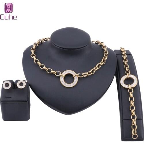 Trendy Women Stainless Steel Gold Color CZ Crystal Necklaces&Pendants Earring Bracelet Wedding Gifts Jewelry Set