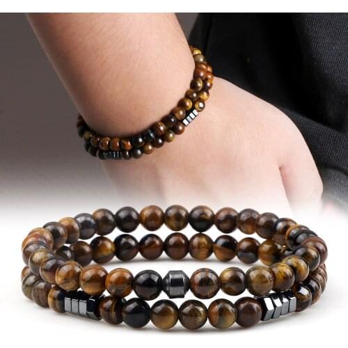 Tiger Eye Stone Bracelets Set Couple Distance Malachite Black Lava Beads Bracelet Strand Stretch Bangles Men Women Yoga Jewelry