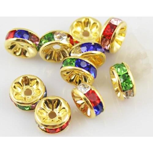 New Wholesale 6mm 8mm 10mm Metal Golden Plated Crystal Rhinestone Rondelle Spacer Beads Single Mixed Color bracelet necklace DIY