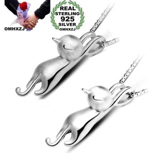 OMHXZJ Wholesale Personality Fashion OL Woman Girl Party Gift White Cute Cat 925 Sterling Silver Charm Pendant Necklace CH95
