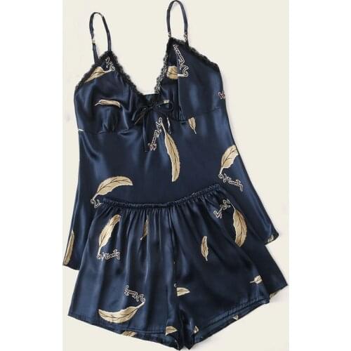 Sexy Lingerie Women Pajamas Pants Set Tops Lace Leaf Print Summer Sleeveless V Neck + Hot Shorts Pijama Sleepwear for Women 2021