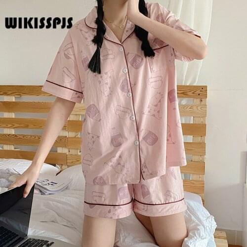 WIKISSPJS Japanese Summer Cartoon Cow Pajamasins Cute Short Sleeve Shorts Two Piece Leisure Student Home Wear Sleepwear