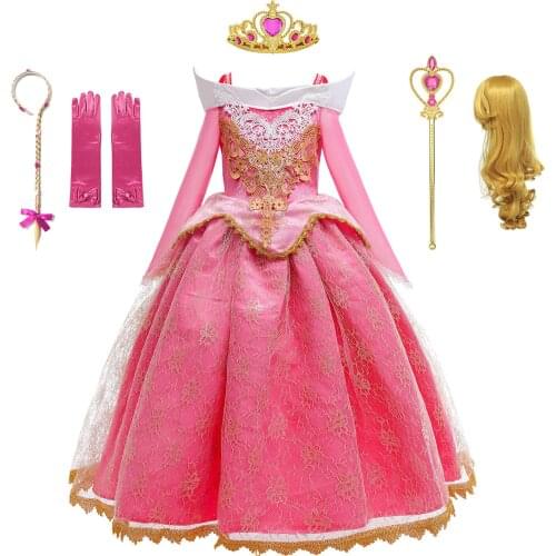 Girls Aurora Dress Halloween Cosplay Sleeping Beauty Princess Dresses Pink Lace Fancy Wedding Dresses Kids Halloween Party Dress