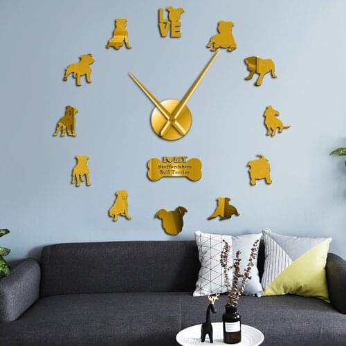 Breed 3d Diy Acrylic Mirror Stickers Staffordshire Bull Terrier Dog Living Room Quartz Needle Modern Design Horloge Wall Clocks