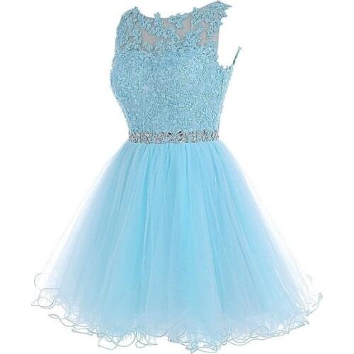 Stunning Blue Homecoming Dresses Scoop Neck Sleeveless Prom Gowns Lace Beading Party Dresses Graduation Gowns Vestidos Cortos