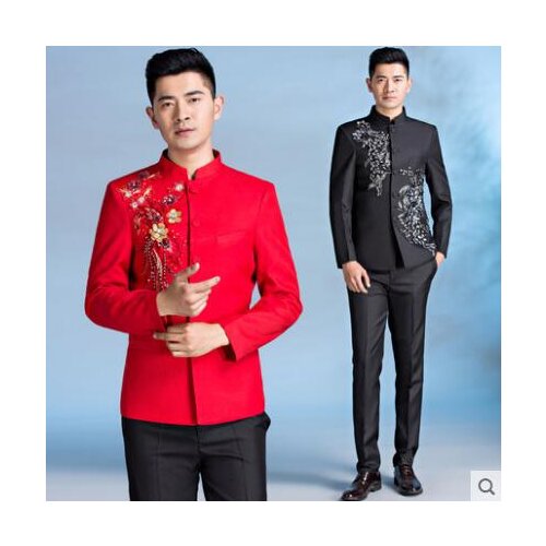 Stand collar slim Chinese tunic suits men red suit set with pants mens wedding suits black formal dress mens groom suit + pant