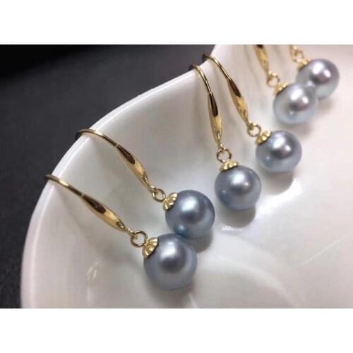 D419 Pearl Earrings Fine Jewelry Solid 18K Gold Round 7-8mm Natural Fresh Water Ocean Blue Color Pearls Drop Dangle Earrings