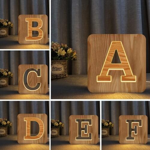 Letter Series New Novelty Products Solid Wood Hollow Carved Wooden Headlights Wooden Product Atmosphere Table Lamp
