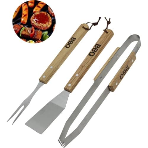 Campfire Spatula Tongs Fork Stainless Steel BBQ Cookware Set Roast Meat Tongs Party Spatula Wooden Handle Kitchen Tools 3pcs/se