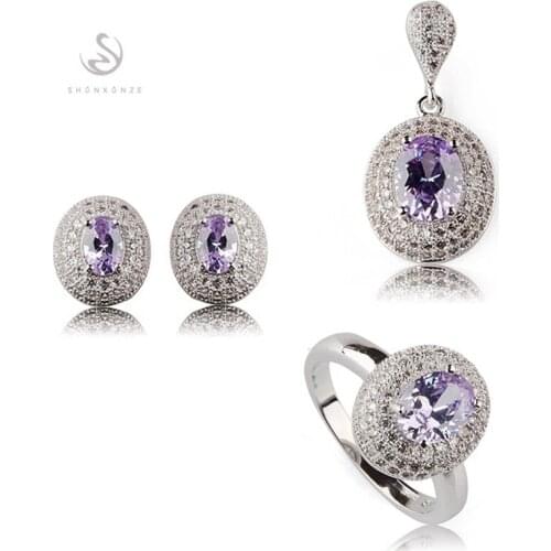 SHUNXUNZE jewelry sets women wedding set(ring/earring/pendant) dropshipping Light purple Cubic Zirconia Rhodium Plated R3182set