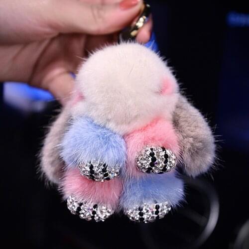 Cute Cartoon Rabbit Fur Diamond Crystal Pom Pom Keychain Handbag Car Keyring Women Diamante Mink fur Buckle Car Charm Pendant