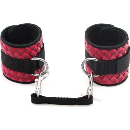 Smspade 23.5*7cm Pink PU Bondage Restraints Handcuffs, Unisex Adjustable Wristcuffs with Metal D-rings For Bondage Play HC-2011