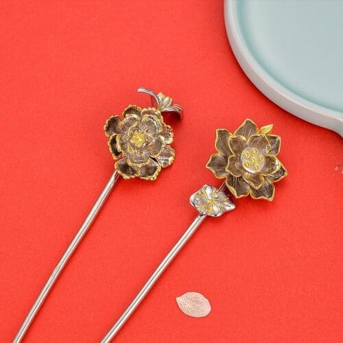 Vintage 925 Sterling Silver Hair Stick Lutos Flower Women Accessories Hairpins Handmade Luxury Jewelry