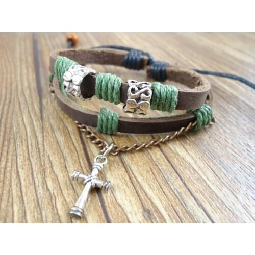New trendy fashion cross charms handmade vintage religion wrap chain men genuine leather bracelets bangles jewelry for women