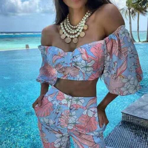 Women 2 Piece Sets Fashion Summer Puff Sleeve Tops + Elegant Long Print Higeh Waist Pants Autumn Lady Holiday Beach Suits Mujer