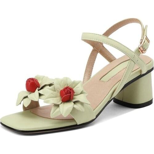 AGODOR 2020 New Arrival Women Flower Sandals Open Toe High Square Heel All Match Summer Shoes Ladies Party Sandals Size 33-45