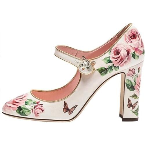 Flower Print Leather Pump Heels Woman Mary Janes Suqare Heel Sexy High Heels Platform Pumps Shoes Women Brand Red Carpet Shoes