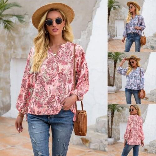 2021 Womens Autumn Winter New Fashion V-neck Flower Print Long-sleeved Casual Loose T-shirt Plus Size