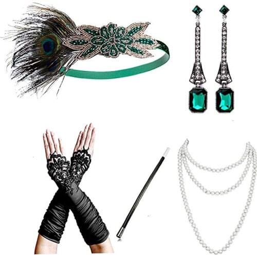 5pcs Set Retroearring gloves Princess Hair Accessories 1920s Headband Cigarette Holder Great Gatsby Headpiece Flapper Headwear