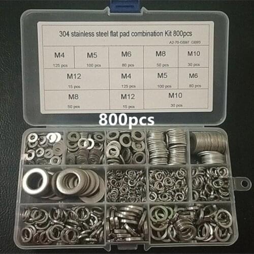 800 Pcs M4-M12 Boxed 304 Stainless Steel Flat Washer Spring Washer Combination Set Hardware Accessories
