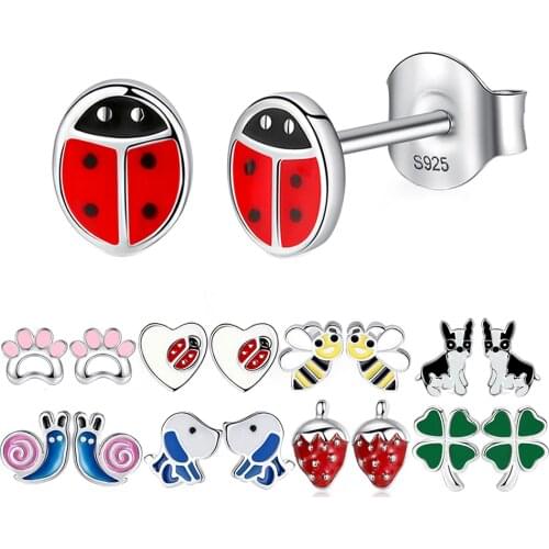 ELESHE Fashion 925 Sterling Silver Earrings Children Jewelry Red Enamel Animal Ladybug Small Stud Earrings For Kids Girls Baby