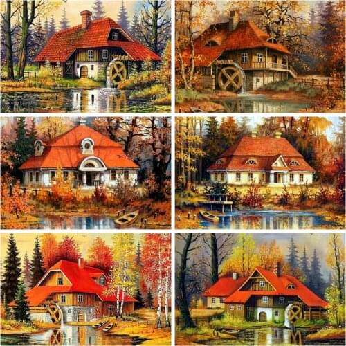 HUACAN 5D DIY Diamond Embroidery House Cross Stitch Kit Sale Diamond Embroidery Landscape Mosaic Tree Autumn Decoration