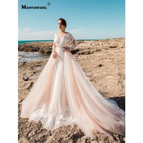 Custom Made V-Neck Full Sleeve Embroidery Appliques Tulle Mermaid Wedding Dress Luxury Detachable Train 2 IN 1 Bridal Gown