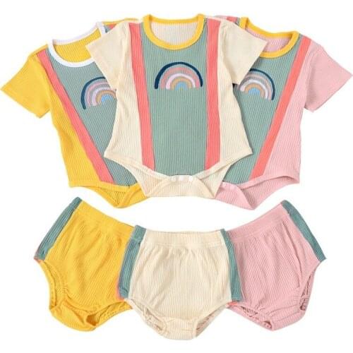 2 Pieces Kids Baby Girls Suit Set, Rainbow Print Round Collar Short Sleeve Romper+ Solid Color Shorts for Summe