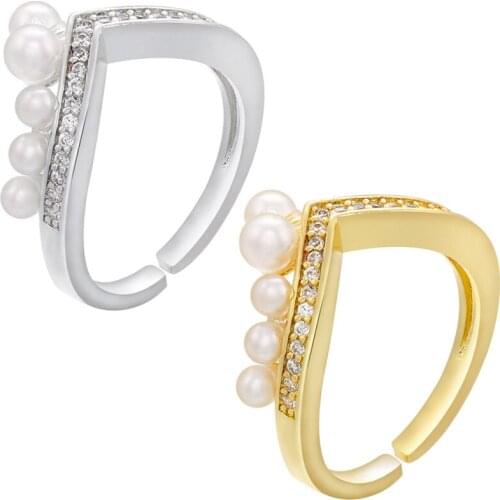 Fashionable Jewelry New Rings for Women Pearl V-shaped Crown Cubic Zircom Opening Adjustable Ring Wedding Available
