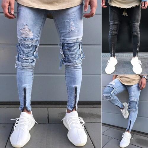 New Fashion Men Skinny Ripped Jeans Denim Pants Slim Fit Holes Zipper Casual Trousers Men Pencil Jeans