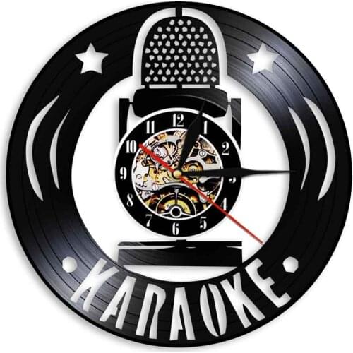 Karaoke Microphone Vinyl Record Wall Clock Music Studio Room Decor Retro Recording Studio Microphones Vinyl Disk Crafts Clock