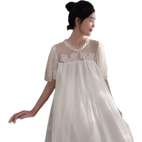 2020 New Princess Nightdress Female Summer Short Sleeve Lace Modal Tracksuit White Long Nightgown Women Home Dress For Sleeping