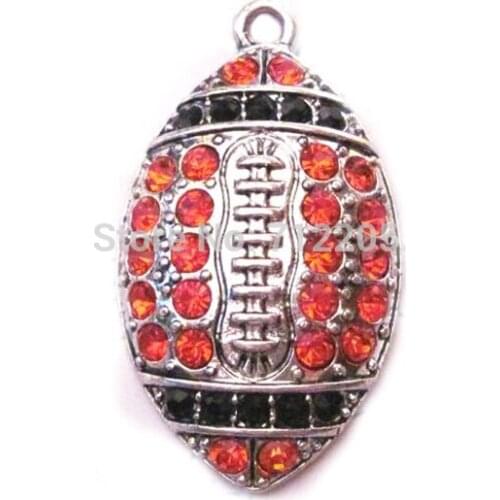New 100pcs a lot antique silver color zinc alloy studded Football orange and black Crystal sports Pendant