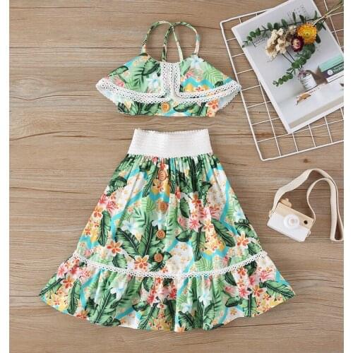 1-6Y Toddler Baby Girls Clothing Sets Floral Print Ruffles Sleeveless Lace Vest Tops + Boho Skirts