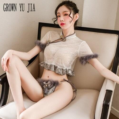 Sexy Classical Transparent Cheongsam Dress Erotic Cosplay Costume Split Underwear Qipao Porno Perspective Mini Bikini Thongs