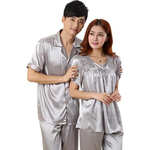 Summer Silk Couple Pajamas Set Short Sleeve Turn-down Collar Women Pyjamas Loose Soft Plus Size M-3XL Lovers Homewear Clothing