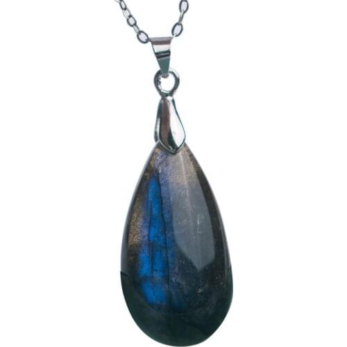 Genuine Natural Labradorite Gems Water Drop Shaped Crystal Necklace Popular Deep Blue Stone Pendant Fashion Crystal Pendant
