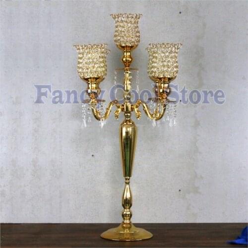 90cm Tall 5-arms gold candelabras with crystal pendals,Table candelabrum candle holder wedding centerpiece