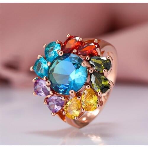 Gradient Crystal Luxury Wedding Bands Rose Gold Color Blue Green Red Pink Rainbow Engagement Rings For Women Party Ring Jewelry