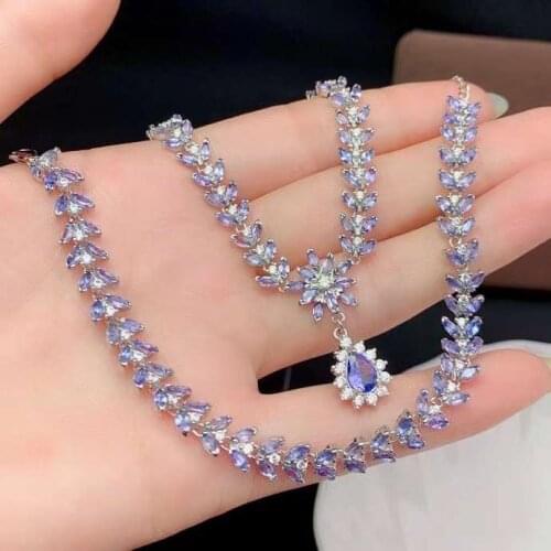 Luxurious big leaf water drop Natural blue tanzanite jewelry sets natural gemstone ring Necklace S925 silver woman party jewelry