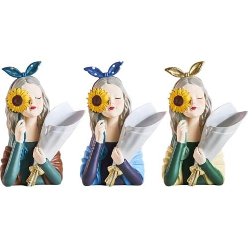 Nordic Cute Girl Flower Vase Resin Home Desktop Sculpture Ornament Decor